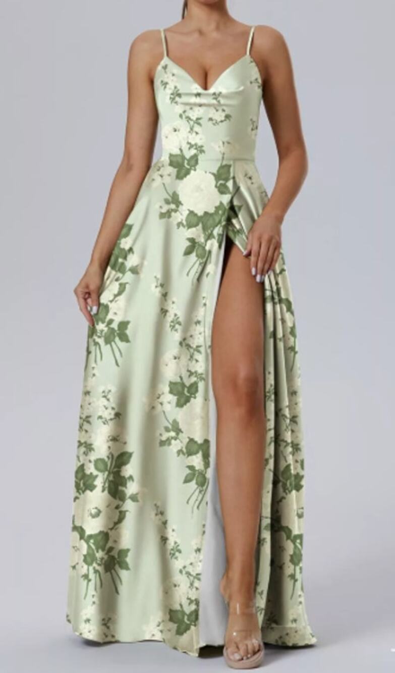 AW BRIDAL 10 L Mottled Moss Green Basileus satin gala party maxi dress NEW B51